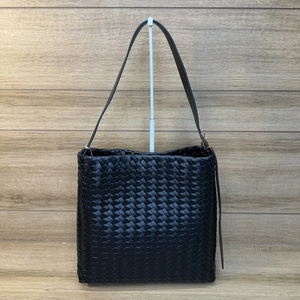 A New Day Women's Black Woven Tote Shoulder Bag Large Braided Handbag NWT